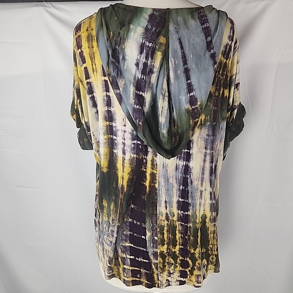 Coin 1804 Hooded Top Women Sz 1X Hand Tie Dye Kangaroo Pocket Boho Short Sleeve - Picture 3 of 11